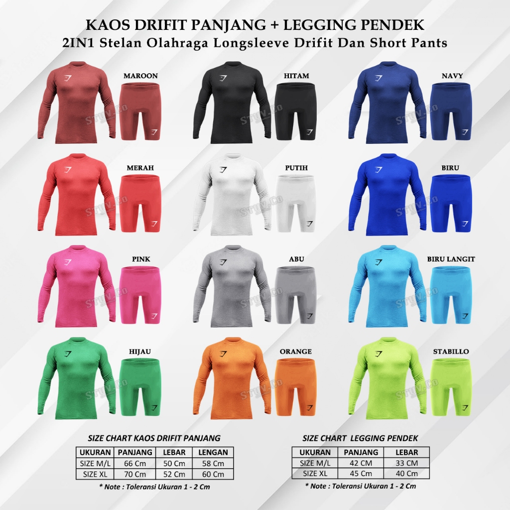 COMBO 2IN1 SETELAN KAOS LENGAN PANJANG DRYFIT CELANA BASELAYER PENDEK SHORT PANTS PRIA WANITA STRIT