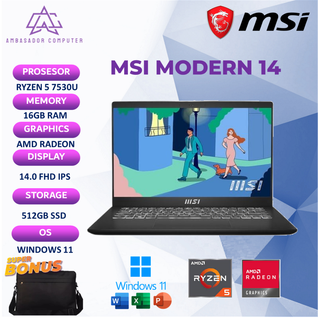 Msi Modern 14 Ryzen 5 7430U 16Gb 512Gb Windows11+OHS Full HD IPS