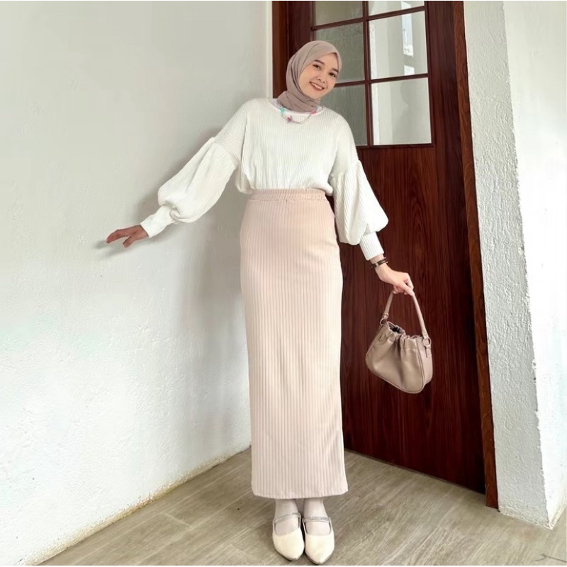 ELEZZA - ROK SPAN RAJUT KNIT HORNET WANITA MAXI SKIRT PREMIUM HITAM KREM COKSU
