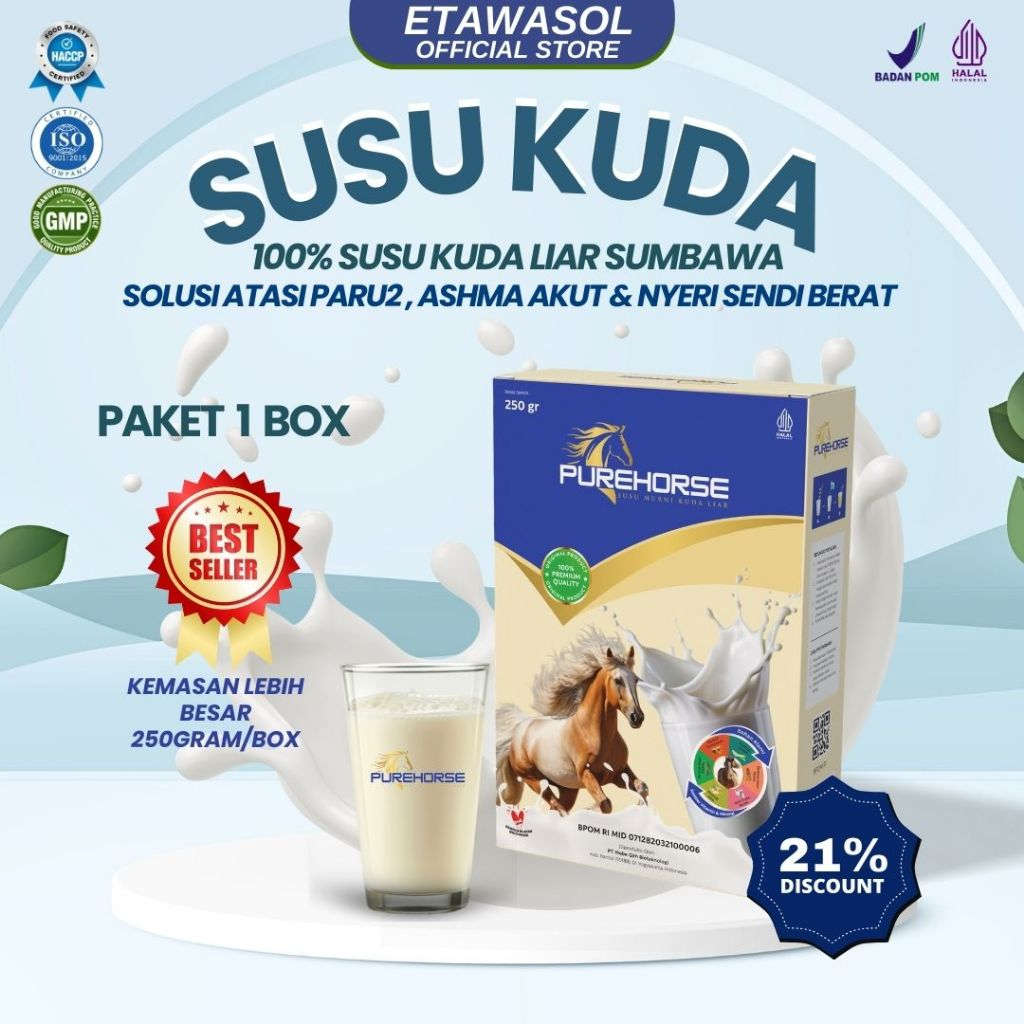 

Susu Kuda Pure Horse 100% Original dari Sumbawa Untuk Keluhan Sesak Nafas Akut dan Nyeri Sendi Berat Kemasan 250gram Paket 1 BOX