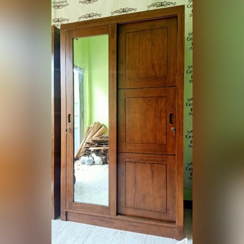 Lemari Pakaian Sliding Kaca Kayu Jati Almari 2 Pintu Geser Jepara