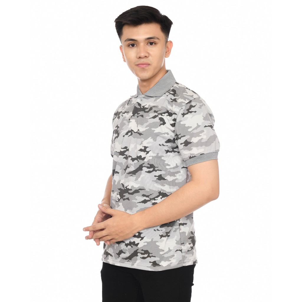 TAN Kaos Polo Pria Motif Loreng Abu-abu Putih / Kaos Polo Camo