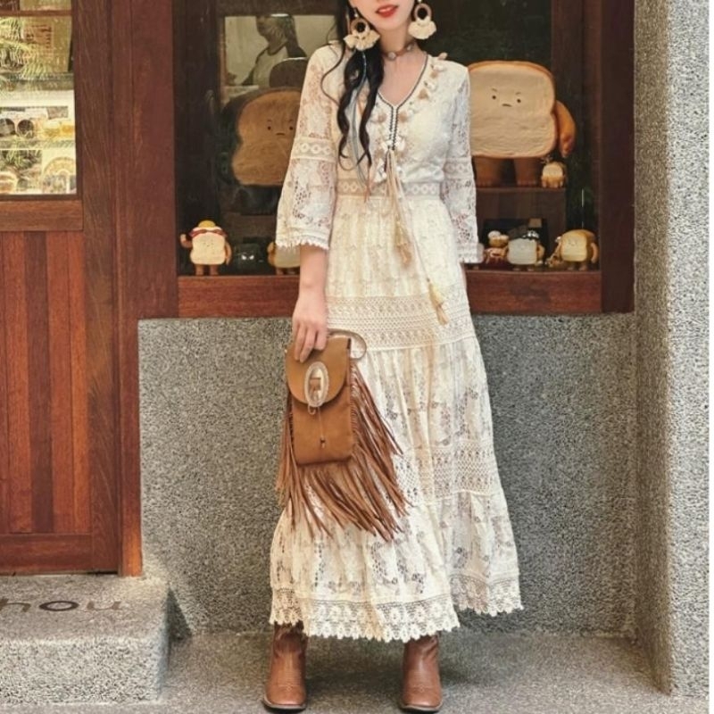 95590  Baju maxidress longdress ANISHA SMOCKED BOHO LACE MAXI DRESS pinggang karet vneck premium Kor