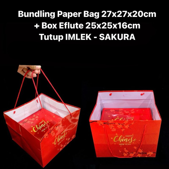

1 Pack Isi 3 Pcs Tas Parcel Bundling Paper Box Hampers Imlek Eflute 27x27x20cm + Bag 25x25x16cm Tutup Motif Imlek