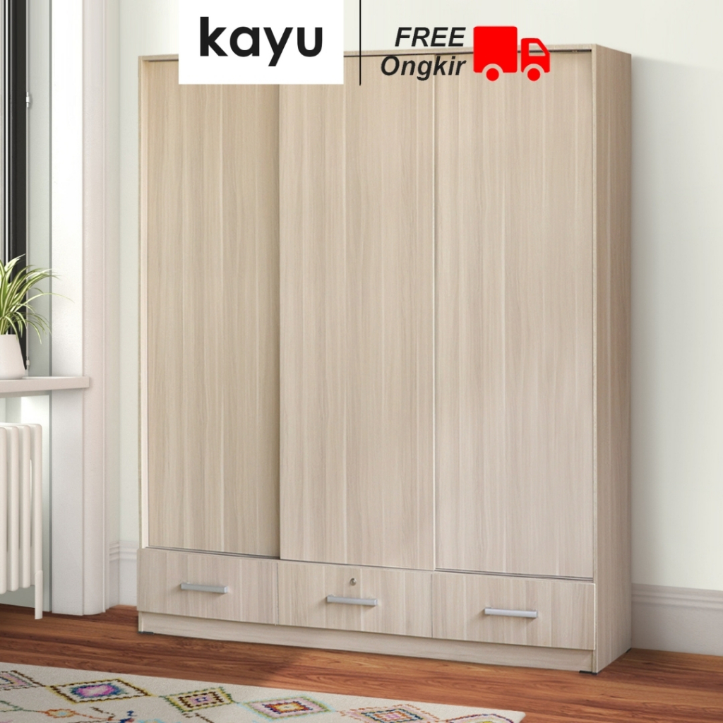 KAYU Bergen - Lemari Pakaian Sliding / Geser 3 Pintu Putih Modern Minimalis
