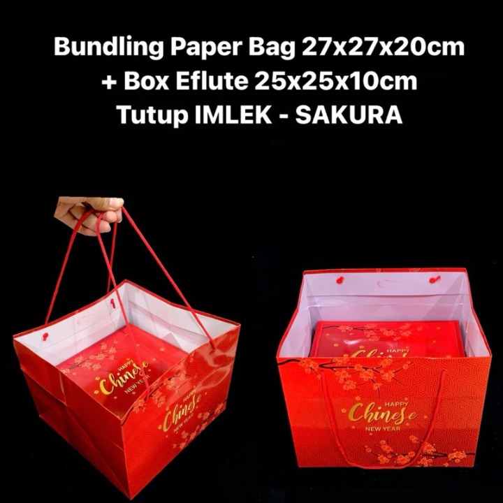 

1 Pack Isi 3 Pcs Tas Parcel Bundling Paper Box Hampers Imlek Eflute 27x27x20cm + Bag 25x25x10cm Tutup Motif Imlek