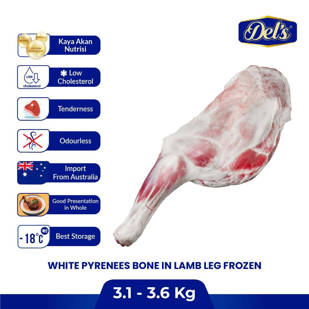 

Aussie White Pyreness Aussie Bone In Lamb Leg Frozen / Daging Paha Domba Utuh Import Premium - 3.1 - 3.5 Kg