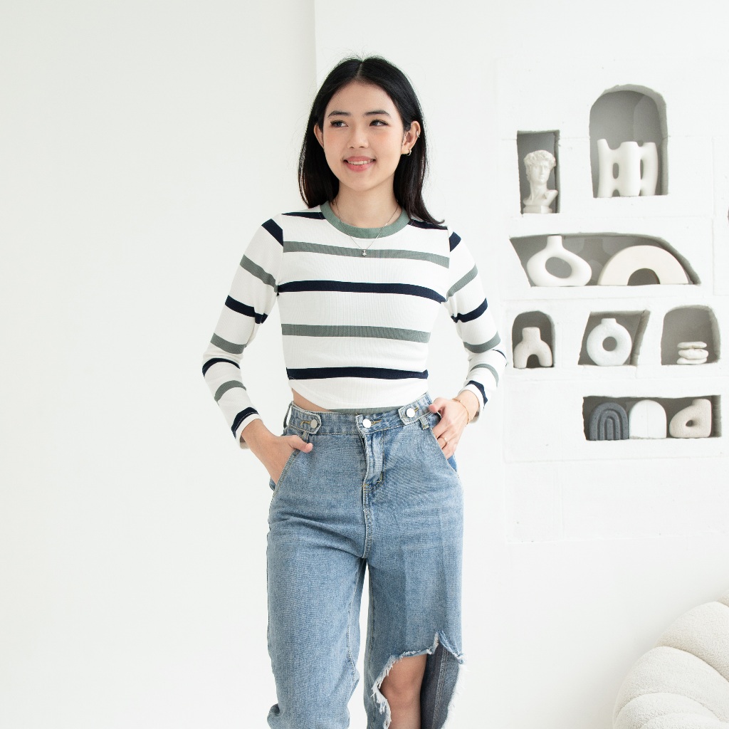 QUEENTIN Kaos Wanita Curve Hem 0674 Stretch Caramel Knit Motif Salur Lengan Panjang