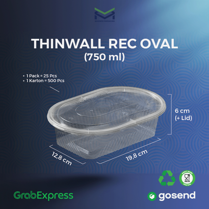 ISI 25 Pcs - Thinwall Rectangle Oval 750ml - Kotak Makan Plastik Rectangle Oval - Thinwall Plastik