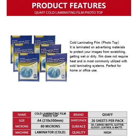 

Ay00! QUAFF Photo Top / Film Laminating Dingin ukuran A4 / 80 mikron tersedia dalam berbagai jenis,