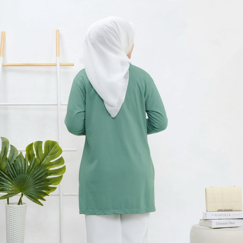 hot kaos tunic lengan panjang,baju tunic wanita terkini,tunic lengan panjang wanita sage green,tunik