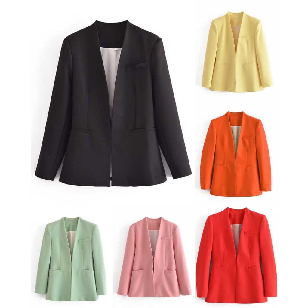 Blazer Casual Wanita Simple Tanpa Kerah Jas Blejer Cewek OOTD Perempuan