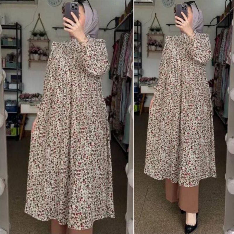 Set Long Tunik Ceruty Baby Doll Full Furing Mix Celana Crinkle Airflow / Set Long Tunik Premium Ceru