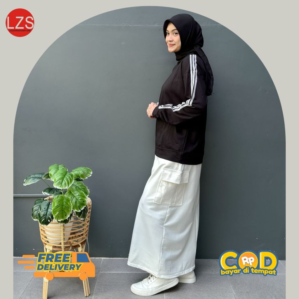 Baju Rok Olahraga Muslimah Tangan Panjang | Fit M-XXL Setelan Olahraga Rok Kargo Muslim Wanita LEZAH