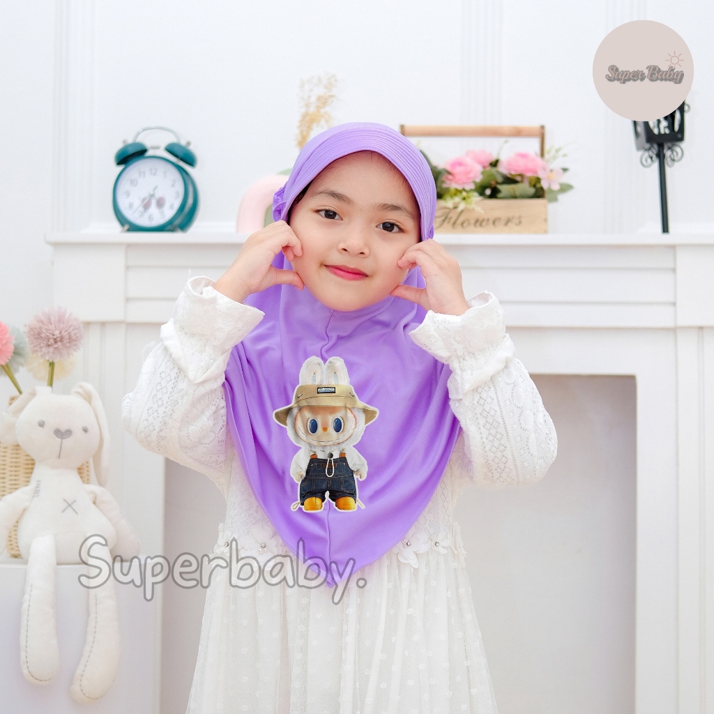Hijab Anak Tk-Sd Karakter Labubu  Usia 4-7 Thn Jersey Balon / Hijab Anak Labubu Tk Instan / Jilbab A