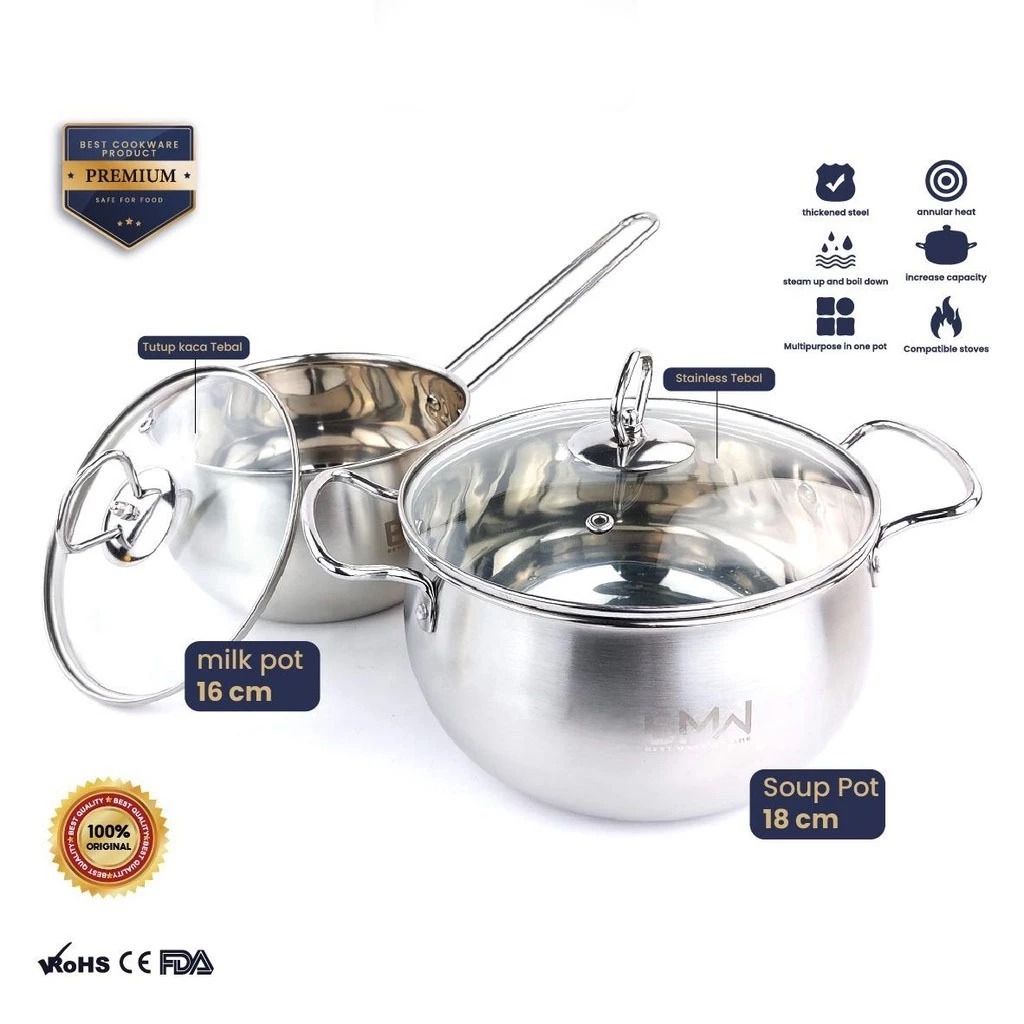 Panci 2 Set Stainless Steel Panci Santaria Tutup Kaca Santaria Pot Cookware Set Premium