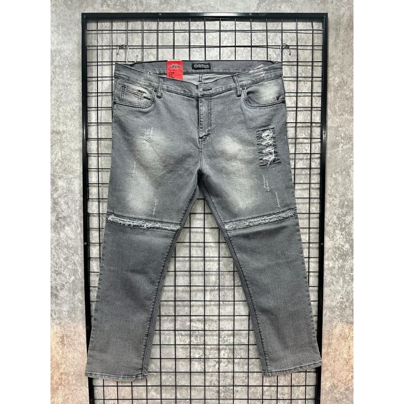 Celana Jeans pria Sobek Big Size Grey Sandwash Ripped Jumbo Slim fit Biker Skinny Stretch 42.44.46