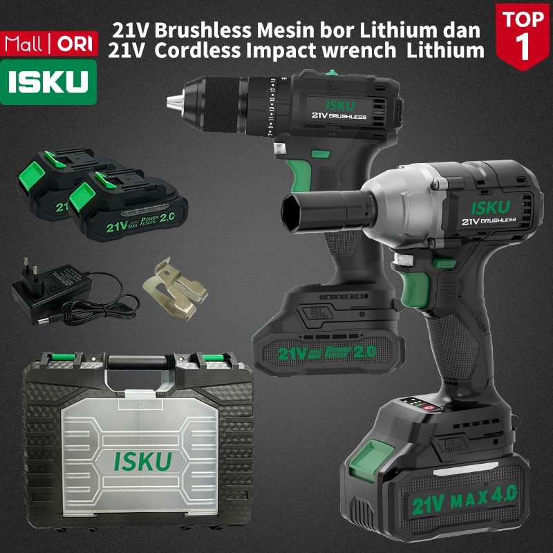 ISKU  21V Brushless Mesin bor Lithium Impact baterai 13MM  dan 21V Lithium Cordless Impact wrench  2