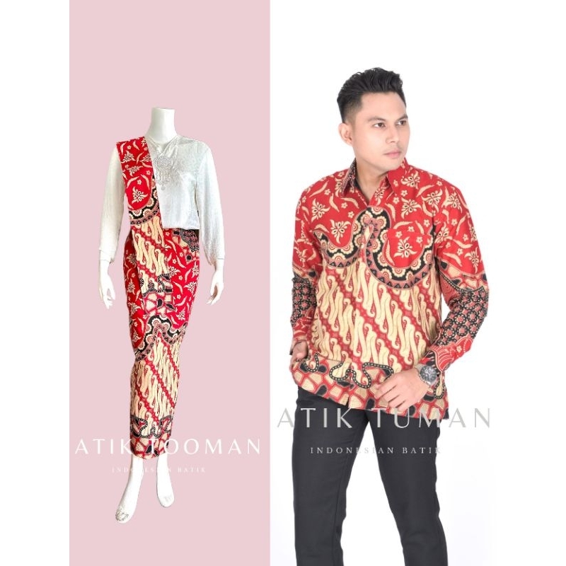 PRADIPTA RED Couple Sarimbit Rok & Kemeja Batik Warna Merah Cabe Bahan Katun Halus
