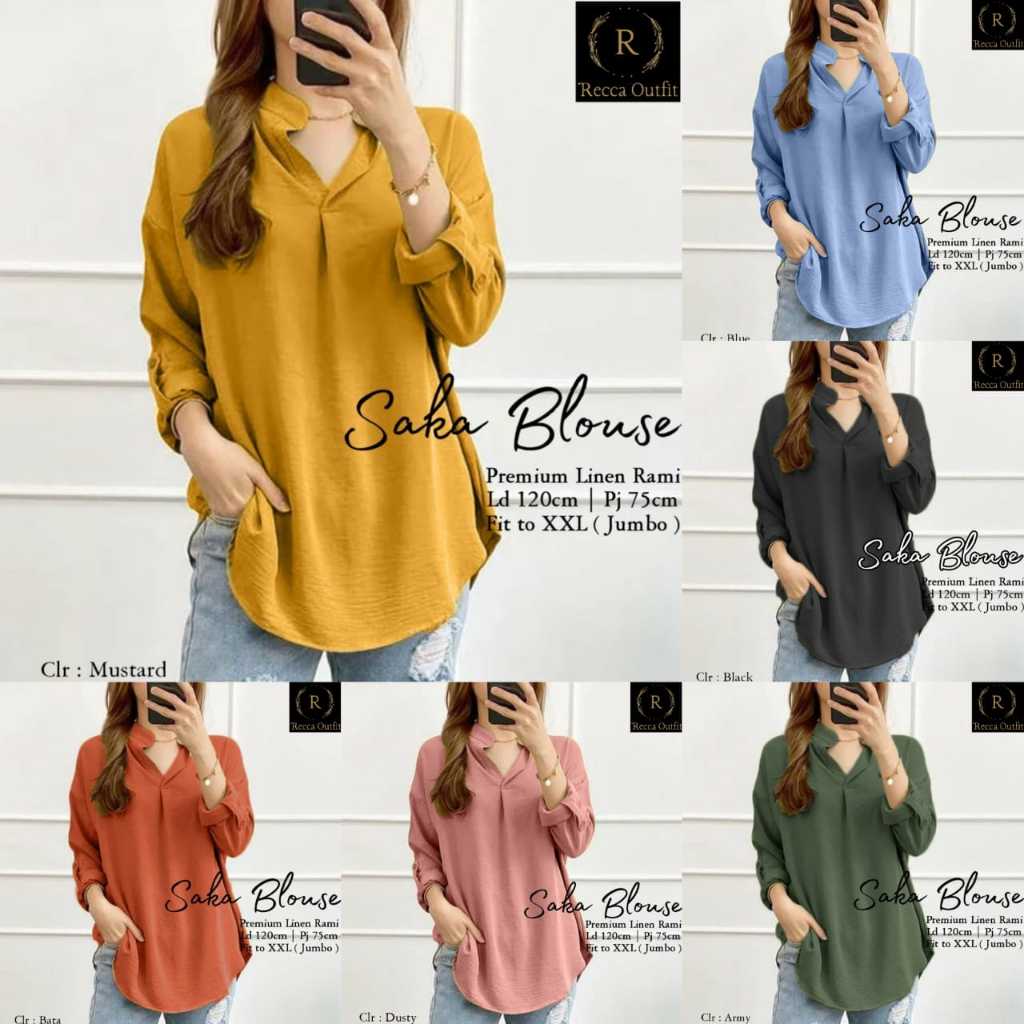 Saka Blouse Atasan Blus Wanita Bigsize Ld 120 Polos Jumbo XXXXL Premium Linen Rami