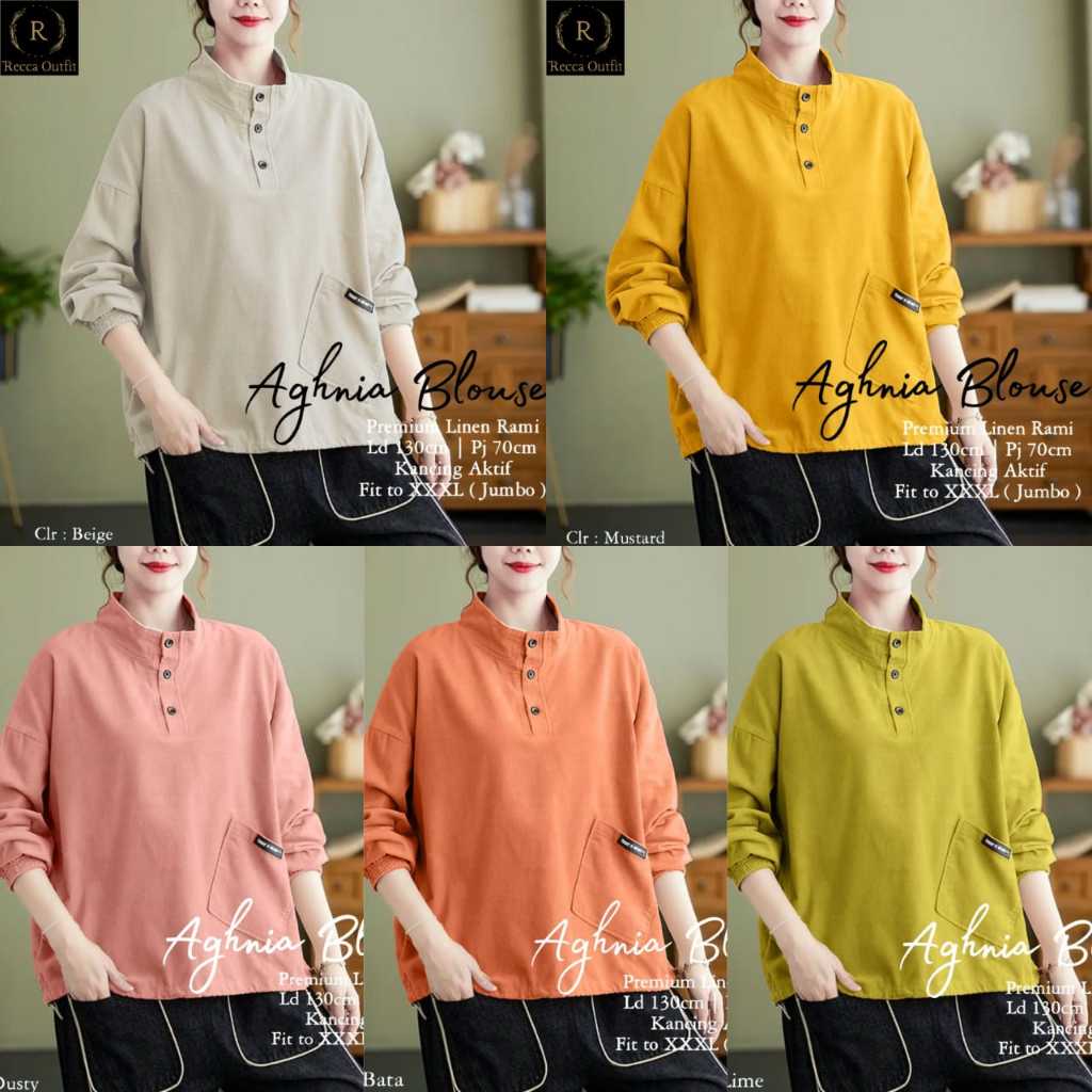Aghnia Blouse Atasan Blus Wanita Bigsize Ld 130 Polos Jumbo XXXXL Premium Linen Rami