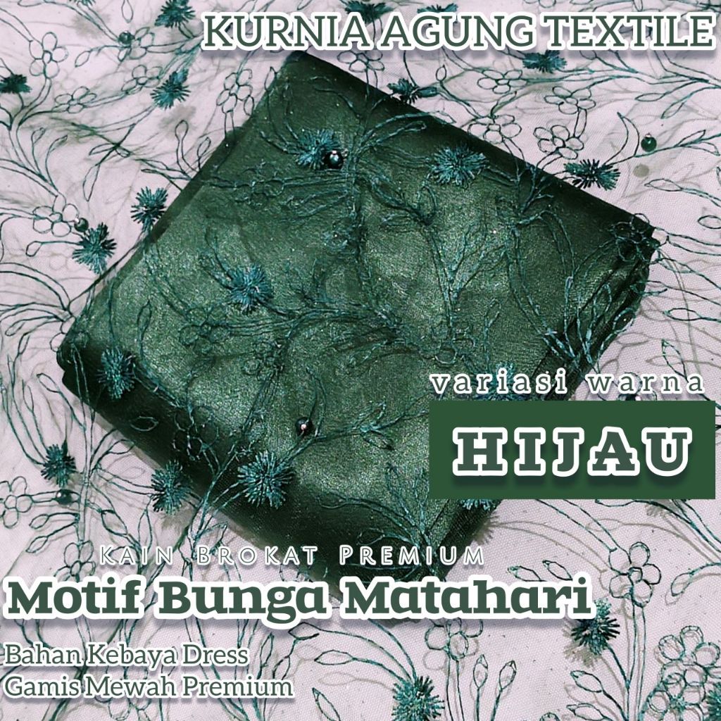Kain Brokat Meteran Bahan Brukat Premium warna HIJAU BOTOL motif Etnik Sumba Bunga Matahari dijual 0