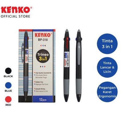 

Baru Ekonomis 12Pcs Pulpen Kenko 3 in 1 BP318 Ball Pen 3 Warna