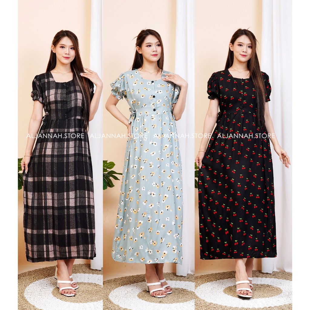 Cherry Dress Busui Panjang Wanita/ Home Dress Kasual Panjang dgn Kancing