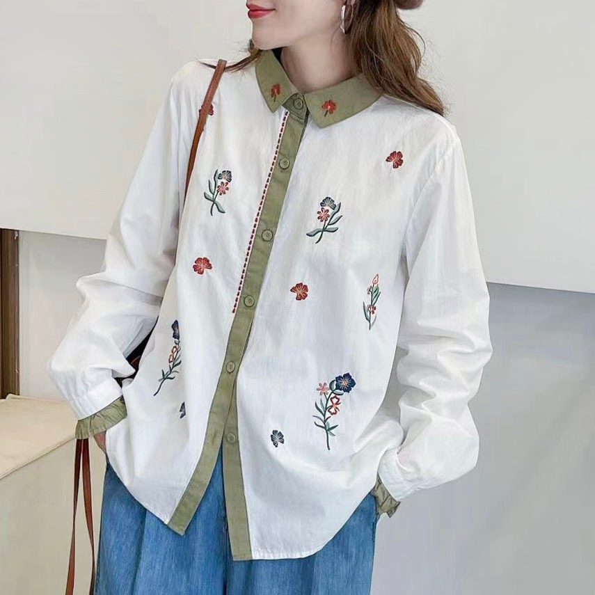 BLUS KEMEJA KATUN PUTIH BORDIR BUNGA FLORA LIS HIJAU KOREA IMPORT