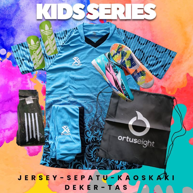 New Arrival JA  Paket Lengkap Hemat Sepatu Futsal Jersey Anak Junior Ortuseight Premium