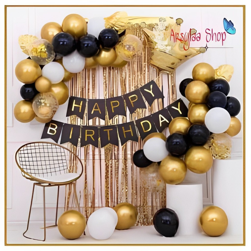 Paket Dekorasi Ulang Tahun Simple Balon Metalik Gold Htam Mix Putih Free Balon Angka Gold