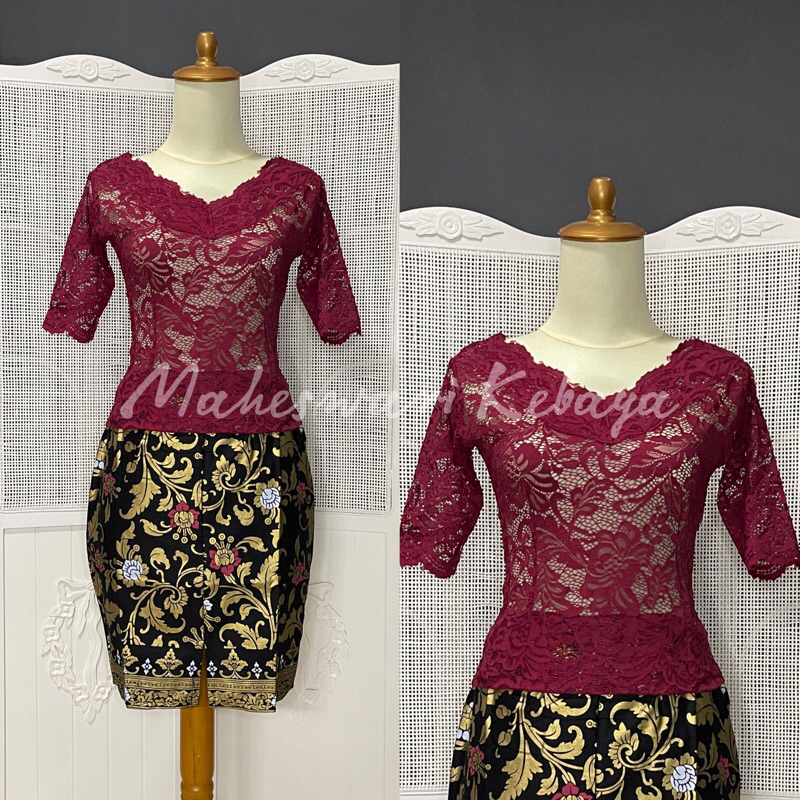 Kebaya Bali Set Sabrina Pendek Maroon Rok Pendek