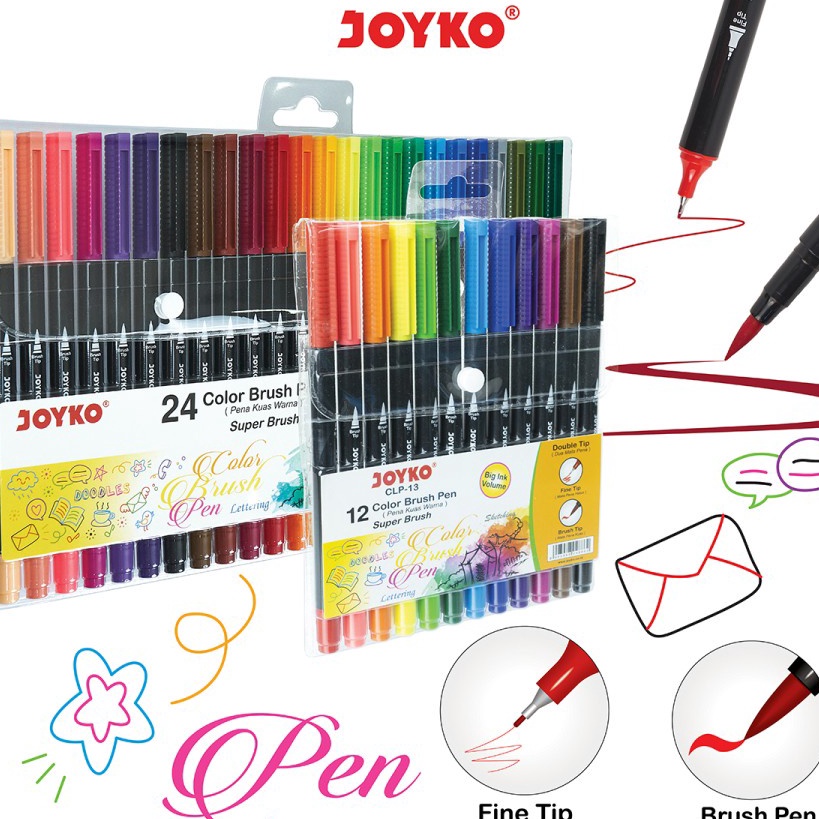 

KI3 Brush Pen Joyko CLP13 12 Colors CLP13A 24 Colors Double Tip Fine Brush Tip