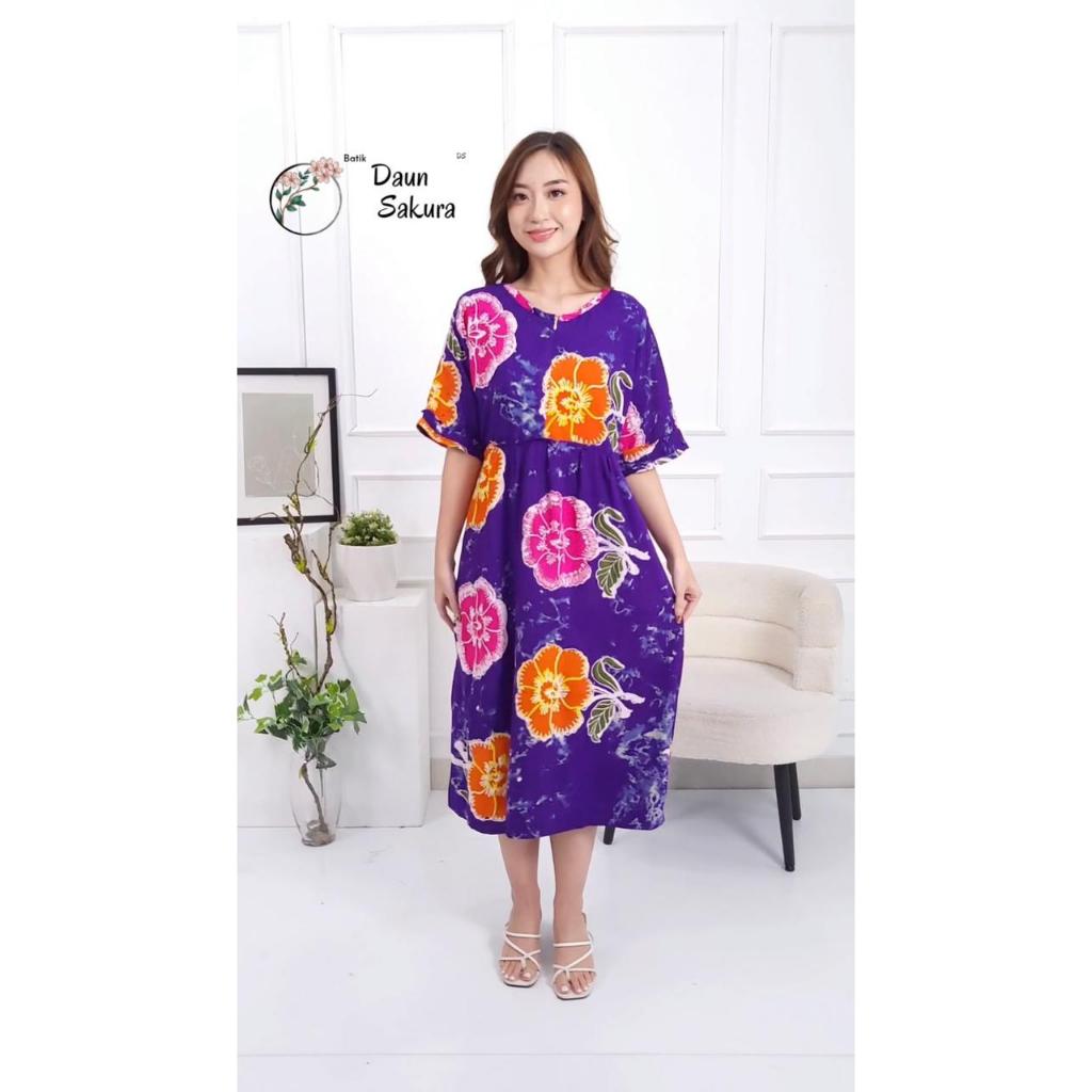 Baju Tidur Daster Batik Daun Sakura Busui Resleting Tangan Remple Motif Sunan Terbaru Rayon Cetak Al
