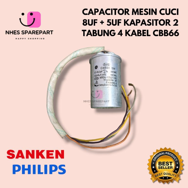 Capacitor Mesin Cuci Sanken, Philips dan Multi Original 8uF + 5uF Kapasitor 2 Tabung 4 Kabel CBB65