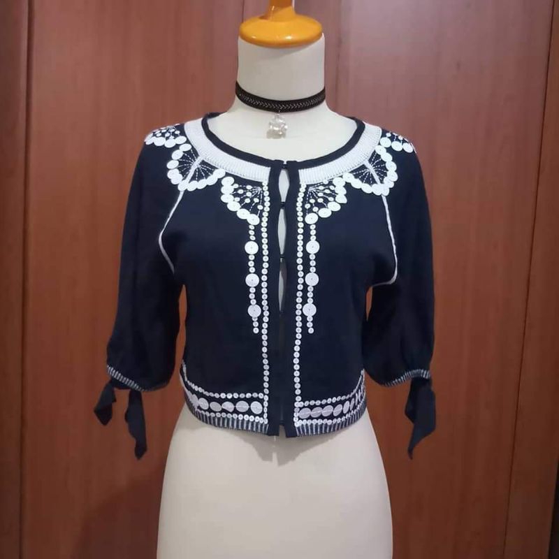 Bolero Crop Navy Rajut Lengan Pendek Payet