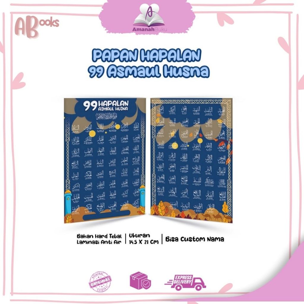 

AB//Table Papan Hapalan Custom+Nama 99 Asamul Husna Bahan Hard Tebal Laminasi Anti Air, Depan Belakang Warna Biru