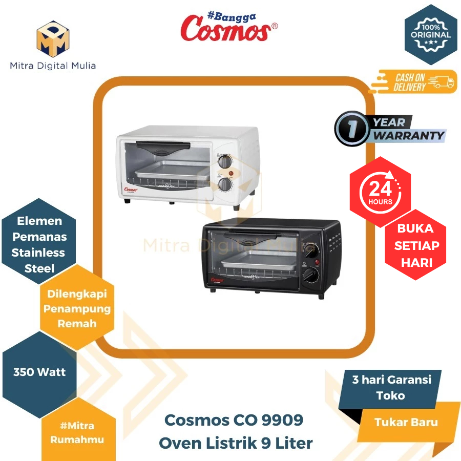 Cosmos CO9909W Oven Listrik 9 Liter Low Watt 350W Elemen Pemanas Stainless Steel Atas Bawah Hemat Li