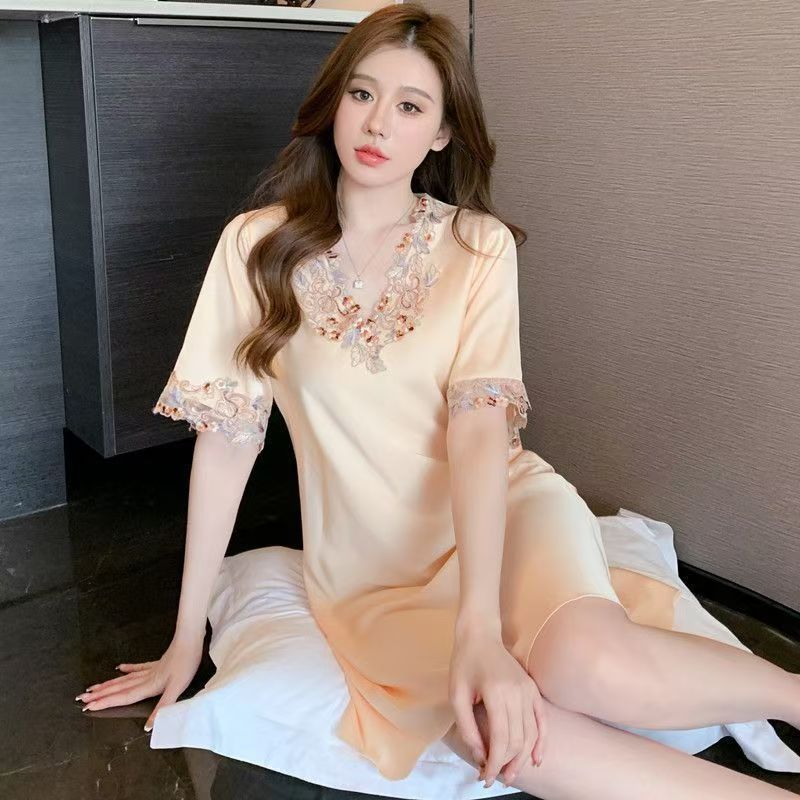 Gaun Tidur Premium Wanita - Katun Es Lembut + Desain Kerah Bordir Mewah /piyama sutra es wanita/baju