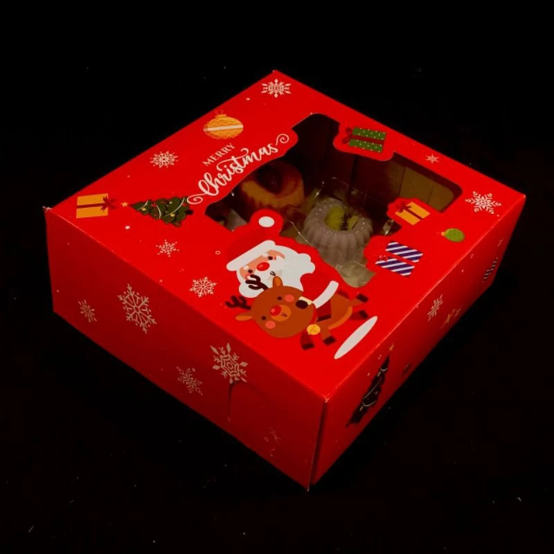 

( 5 Pcs ) Box Kue Lapis Legit Natal Motif Merah Santa Kardus Bolu Chiffon Kotak Pudding Xmas Ukuran 25x25x10 cm