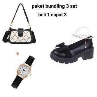 Paket Bundling 3 set sepatu gelang mutiara + tas Laura +jam tangan wanita