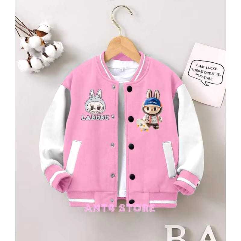 JAKET ANAK VARSITY X BASEBALL LABUBU PINK PUTIH TERBARU COWO/CEWEK 2-12 THN POPULER ( BISA CUSTOM IN