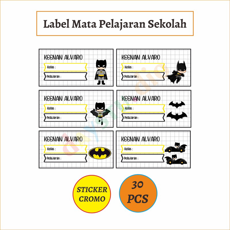 

30 PCS STICKER LABEL MATA PELAJARAN SEKOLAH TEMA BATMAN