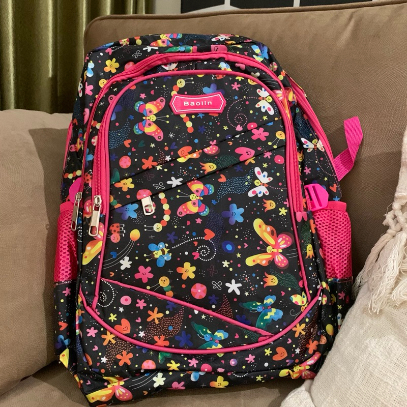 Tas Ransel Anak SD SMP SMA Merk Baolin Gramedia Anti air Motif Bunga Butterfly Kupu kupu Hitam Pink