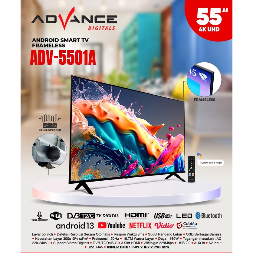 Advance TV LED Android 55 Inch ADV-5501A / ADV5501A Smart TV Frameless