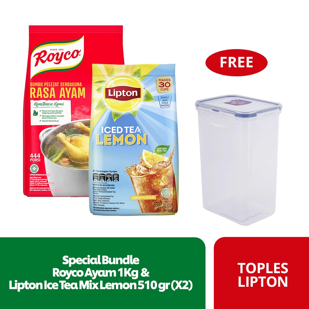 Royco Bumbu Penyedap Rasa Ayam Pouch 1Kg + Lipton Ice Tea Mix Lemon 510 gr (X2) Free Gift - Toples L