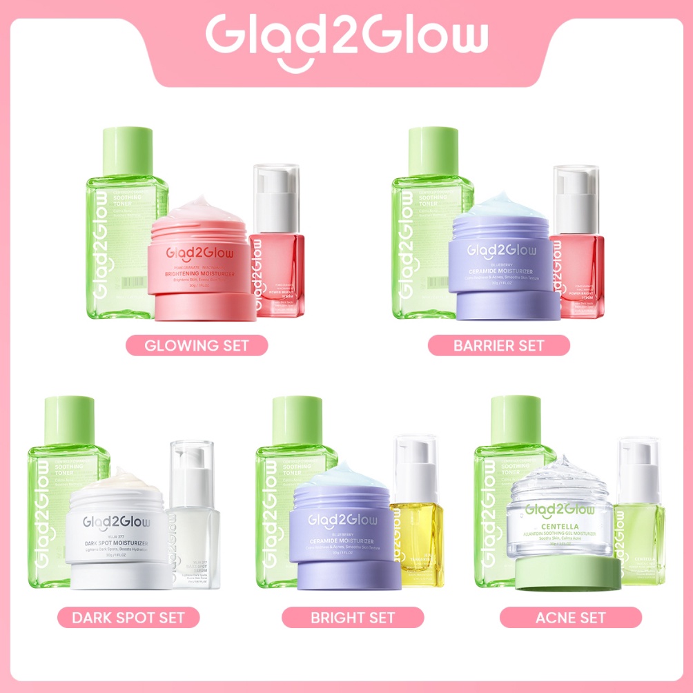 Glad2Glow 3pcs Paket Skincare Moisturizer Serum Face Wash ACNE KIT GLOWING KIT Dark Spot Barrier Bri