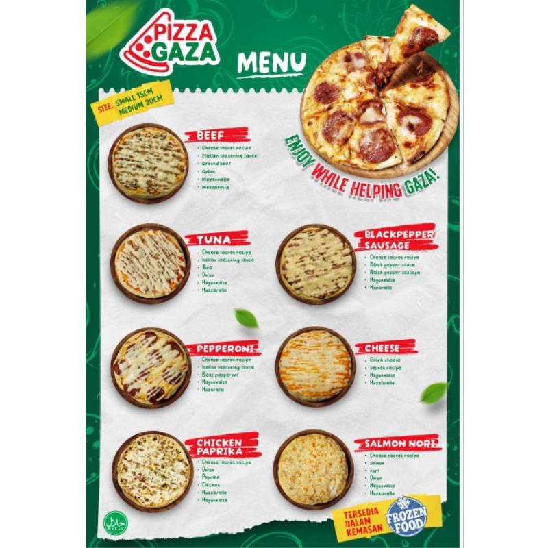 

Pizza Gaza frozen all varian ukuran medium 20cm dan small 15cm tanpa box