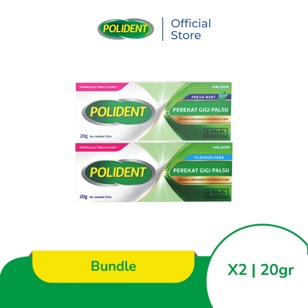 Polident Bundle - Perekat Gigi Tiruan Flavor Free 1x20gr, Fresh Mint 1x20gr