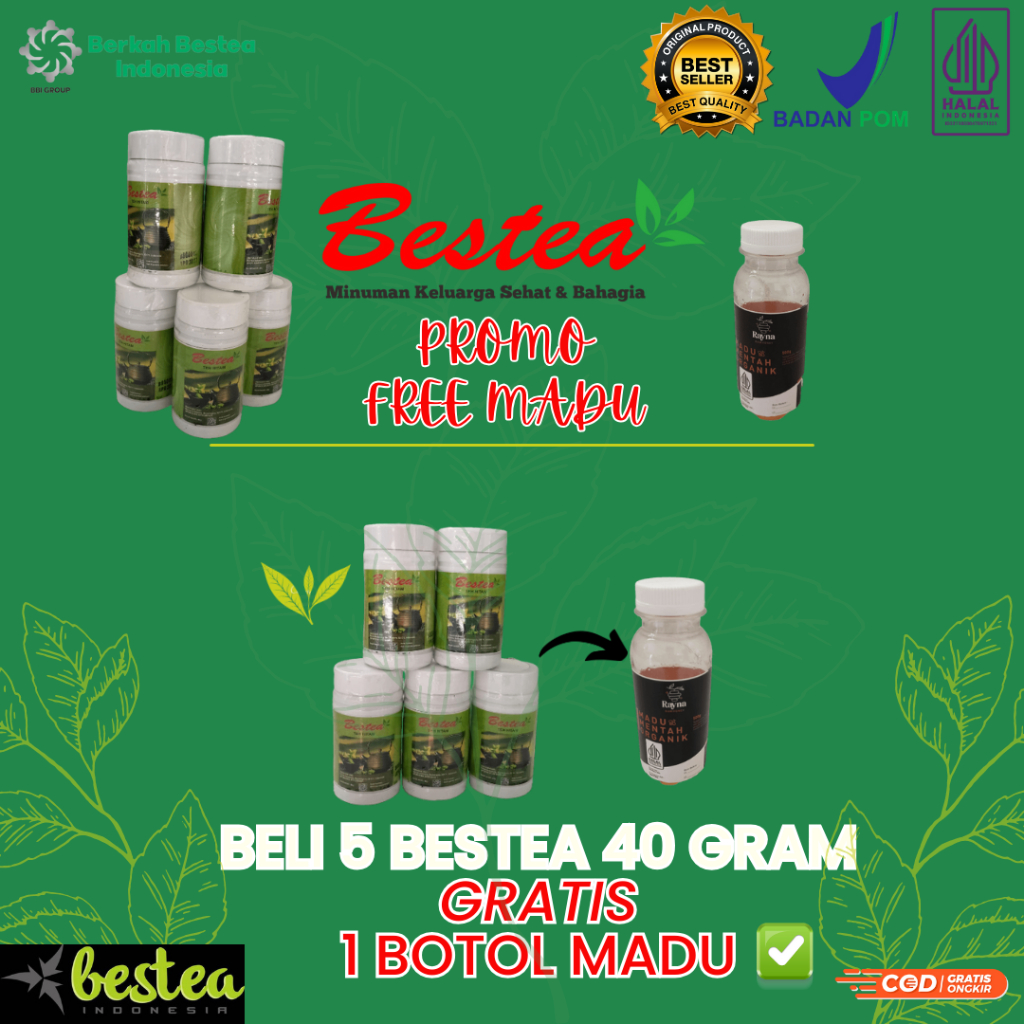 

BESTEA TEH HITAM 40GR 5PCS FREE MADU PERONTOK KOLESTEROL ASAM URAT DIABETES